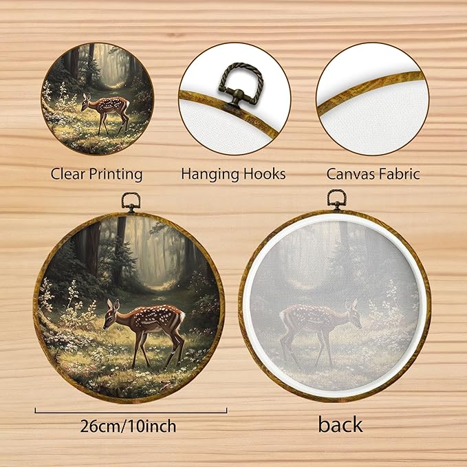 Hiuwevt Vintage Forest Deer Round Wall Art Decor, Cottagecore Deer Framed Canvas Prints, Rustic Forest Wild Animal Round Wall Hanging Decor for Home Bedroom Nursery Kids Room Decorations, 10x10 Inches