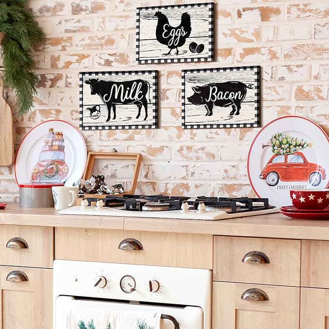 Jetec 3 Pieces Farmhouse Kitchen Decor Wooden Pig Cow Chicken Signs Rustic Buffalo Plaid Wall Art Farm Animal Plaque for Kitchen Home Wall Decorations, 13.8 x 10.3 Inch