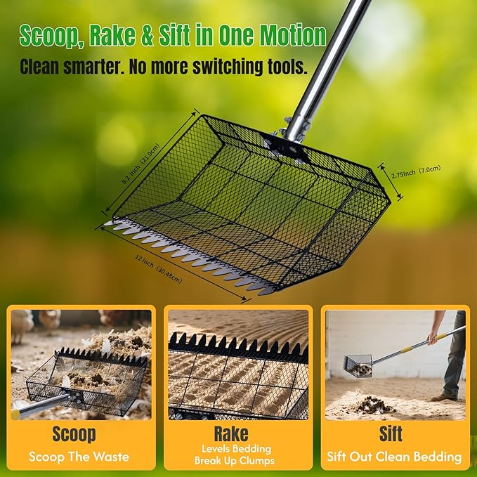 Chicken Coop Poop Scooper Rake for Sand - Lightweight Metal Cleaning Tool,Adjustable 24"-65" Handle, 12" Wide Sifter Shovel for Chicken Run,Litter Box,Dog Yard, Rabbit Hutch,Kids Sandboxes