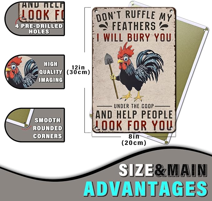 PEACHGARDEN Funny Chicken Signs Chicken Coop Decor Don't Ruffle My Feathers I Will Bury You Vintage Metal Sign for Farm Farmhouse Kicthen Wall Decor 8X12inch