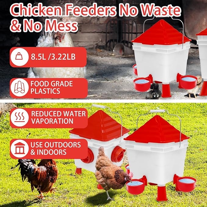 Chicken Feeder and Waterer Set, 13 lb No Waste Automatic Chicken Feeder Bucket & 2 Gallon Gravity Chicken Waterer, Poultry Feeder Kit with Vegetable Hanging Net, Chicken Coop Accessories for Hens
