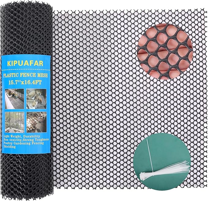 Pet Proof Barrier Net, Black Plastic Chicken Wire Mesh Fencing 15.7IN x 16.4FT, Balcony Cat Safety Net & Garden Snake Barrier, Heavy Duty Protection for Chicken Coops, Rabbit Hutches, Dog Kennels