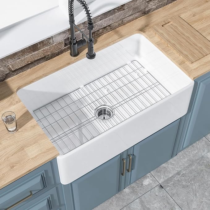 White Farmhouse Sink 33 x 20 Inch, Large Firecaly Apron Front Undermount Farm Sink Heavy Duty Deep Single Bowl, with Custom Accessories 2 Types, Pure White, for Kitchen