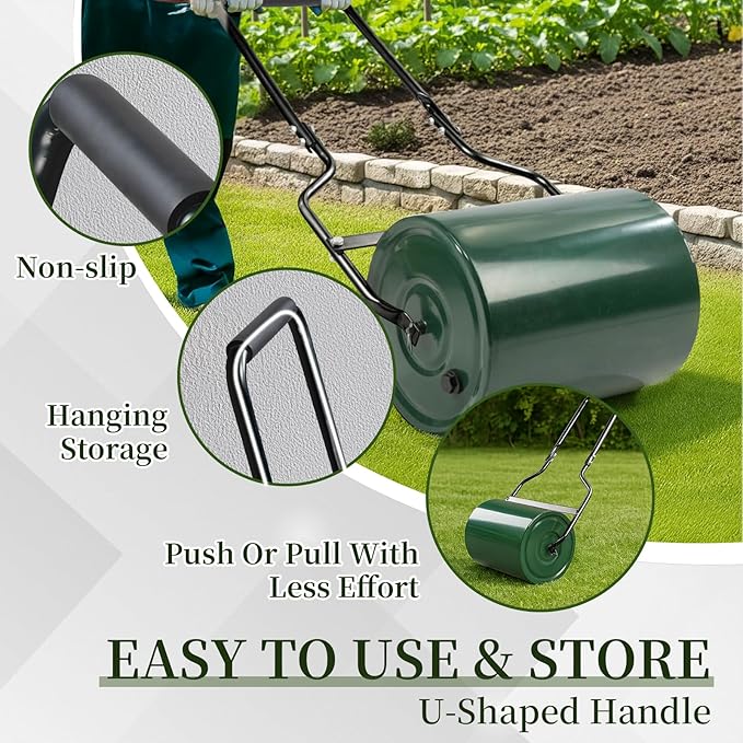 16in Heavy Duty Steel Lawn Roller,Manual Hand Lawns Roller,Water or Sand Filled Garden Rollers,Push/Tow-Behind Yard Rollers,with U-Shaped Handle,for Garden Yard Park Backyard Farm (Green & Black)