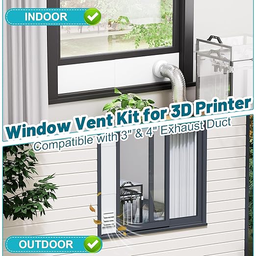 Window Vent Kit, Universal Vent Port for 3" & 4" Duct, Adjustable Window Seal Kit with Louvered Air Vent Cover, Fit for Laser Engraver, 3D Printer Enclosure, Dryer Vent Hose