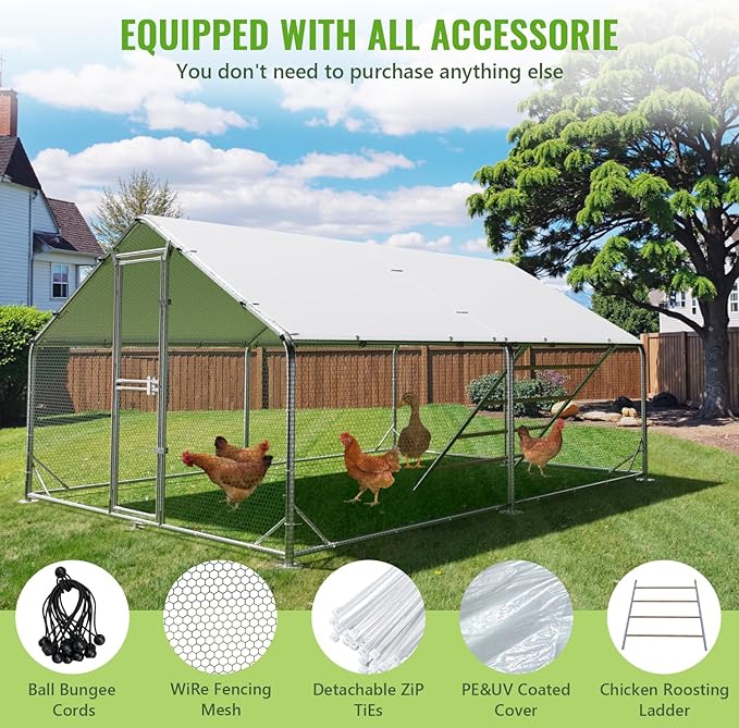 Large Walk-in Metal Chicken Coop, 10×26 FT Chicken Run with UV Cover, Split Feeding Door & Roosting Perch, for 30–40 Chickens
