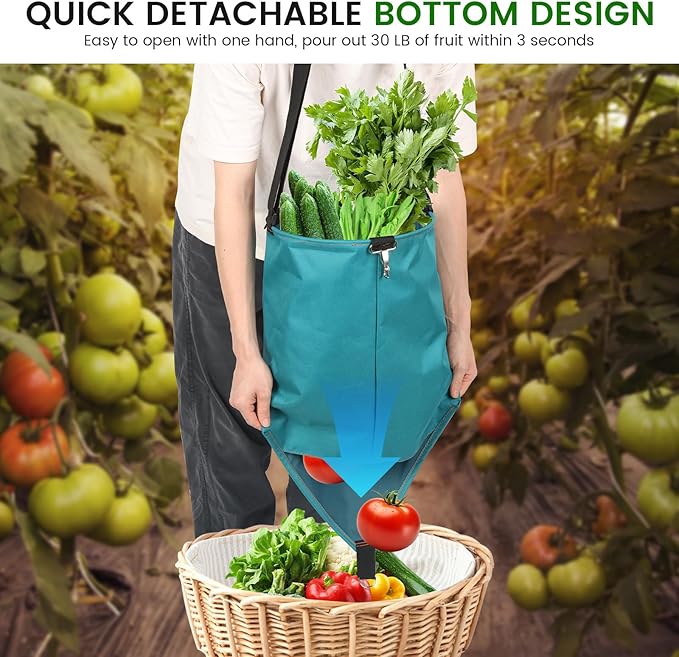 Large Fruit Picking Bag, Waterproof 600D Oxford Cloth Fruit Storage Harvest with Quick Discharge Bottom, Heavy Duty Garden Apron Pouch for Outdoor Orchard, Farm, Garden, Vegetable, Fruits