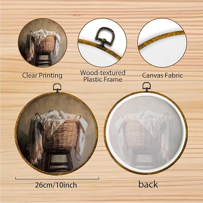 Hiuwevt Vintage Laundry Room Round Wall Art Decor, Farmhouse Laundry Basket Framed Canvas Prints, Rustic Farmhouse Round Wall Hanging Decor for Washroom Restroom Bathroom Decorations, 10x10 Inches