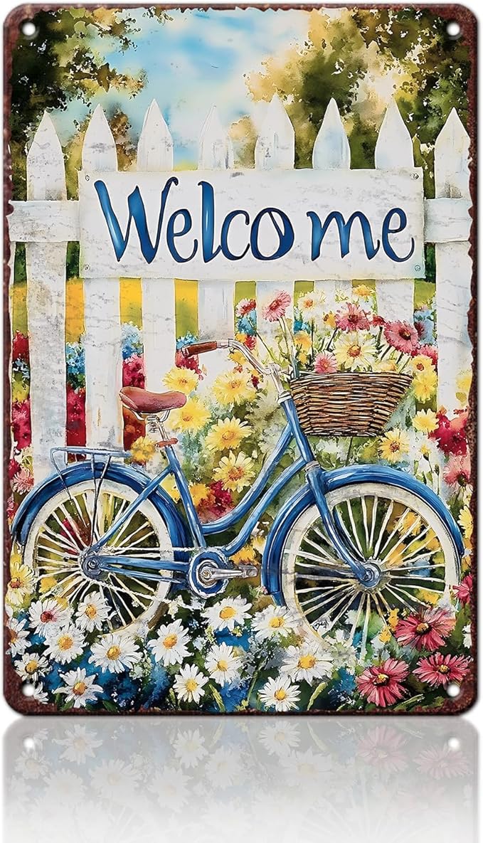 Spring Garden Vintage Tin Sign Bike Welcome Gardening Metal Sign for Home Garden Greenhouse Living Room Bedroom Outdoor Decor 8x12inch