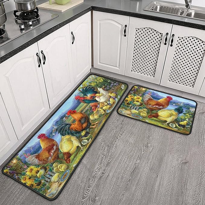 Rooster Kitchen Rug Decor 2 Pieces Set Farmhouse Style Kitchen Mat Washable Runner Rug Chicken Sunflower Decoration Indoor Floor Mat 17" x 47" + 17" x 30"