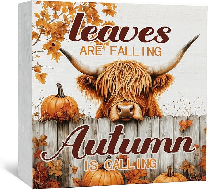Fall Highland Cow Decor Sign -fall Decorations For Home, Farmhouse Leaves Are Falling Autumn Is Calling Pumpkin Table Signs For Home Bedroom Bathroom 5x5