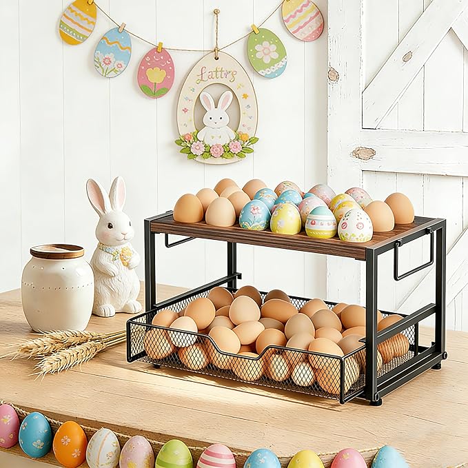 2-Tier Wooden Egg Storage Organizer with Basket – Holds 24+60 Chicken, Duck & Quail Eggs – Compact Countertop Holder with Carry Handle for Easy Transport