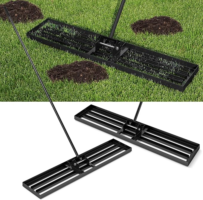 Happygrill Lawn Leveling Rake, Heavy Duty Lawn Level Tool for Soil w/67” Handle, Dirt Ground Leveler, Effort-Saving Landscape Rake for Garden, Backyard, Golf Course, Farm, Pasture (46" x 10", Black)