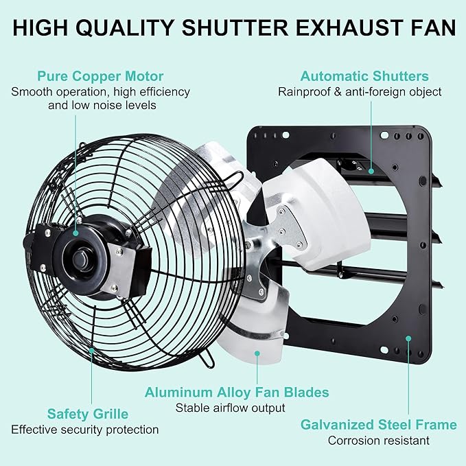 10 Inch Shutter Exhaust Fan, Wall Mount Attic Fan with Power Cord for Greenhouse, Shed, Garage, Barn, Chicken Coop Ventilation, 820 CFM, Black