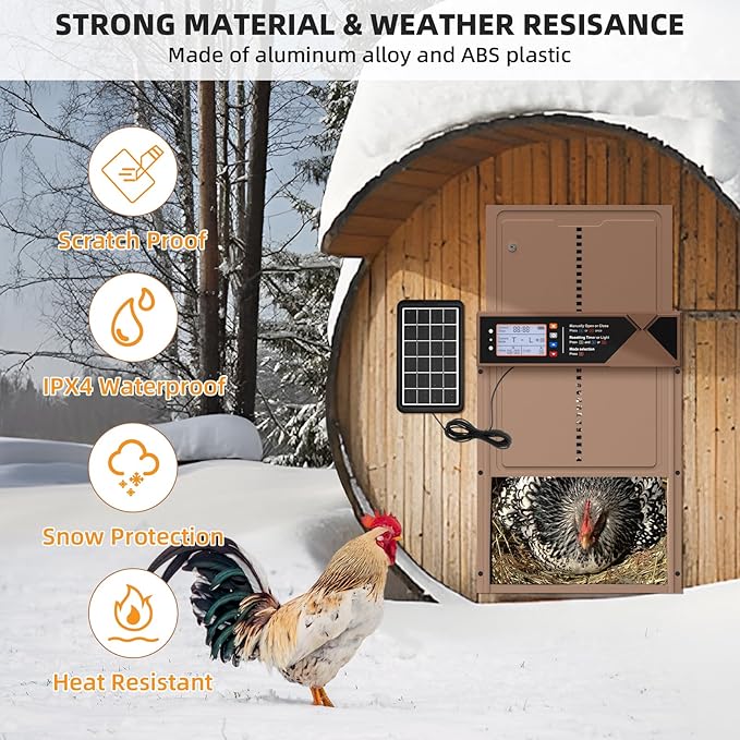 Automatic Chicken Coop Door, 4 Modes LCD Display Chicken Coop Door Solar Powered with Timer & Light Sensor, Aluminum Alloy Automatic Chicken Door with Anti-Pinch, IPX4 Waterproof