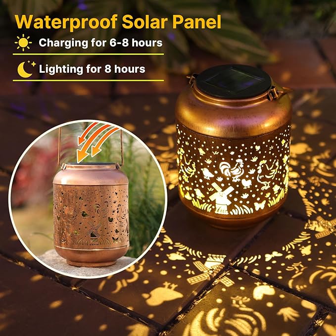 Chicken Solar Lanterns Outdoor Waterproof Chicken Hanging Solar Lights Birthday Gifts for Women Men Mom Metal Decorative LED Lantern Outside for Garden Decor,Yard,Patio,Lawn,Porch,Backyard,Tabletop