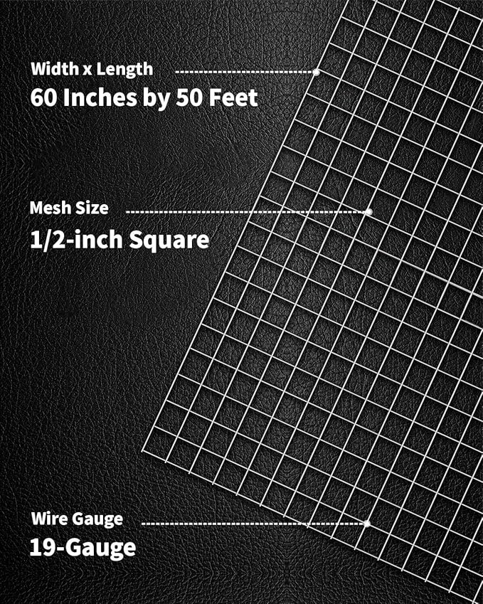 Hardware Cloth 1/2 inch 60 in. x 50 ft. 19-Gauge, Hot Dip Galvanized After Welding, Welded Wire Mesh Roll Chicken Wire Fencing Cage Wire Rodent Mesh Rabbit Wire Gopher Mesh