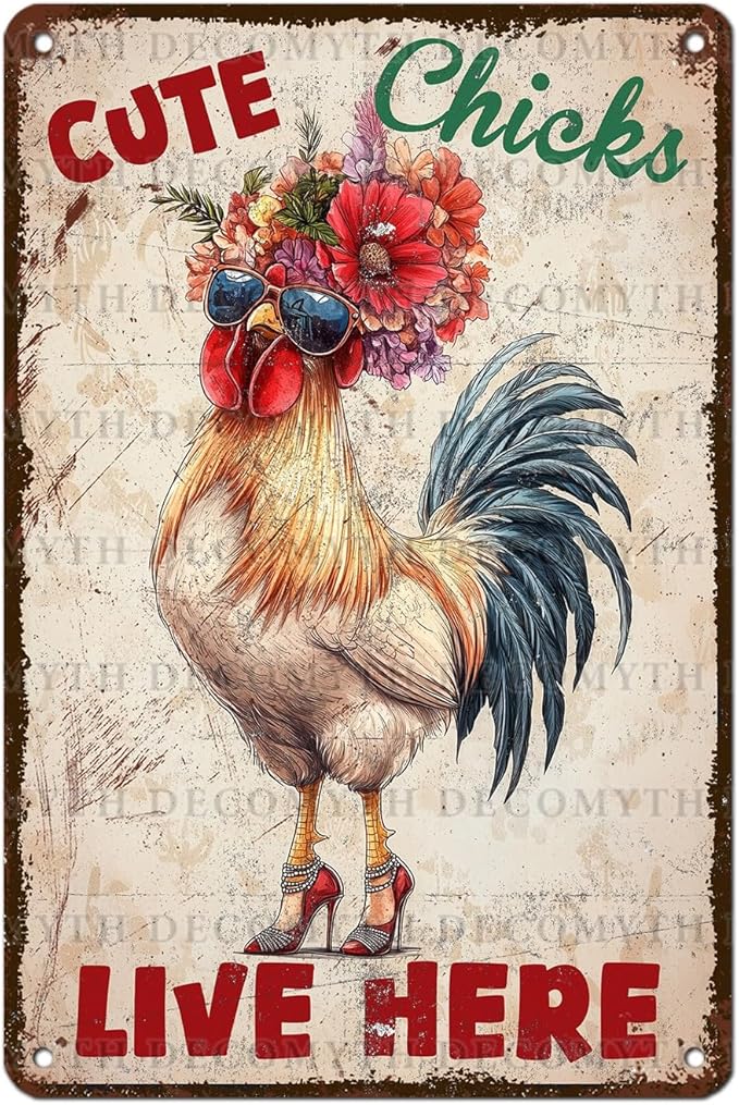 Vintage Chicken Coop Tin Sign Cute Chicks Live Here Retro Metal Poster Funny Pet Lovers Wall Art Accessories for Coop Shop Bar Farmhouse Garden Plaque Farm Room Bathroom Restroom 12 * 8inch