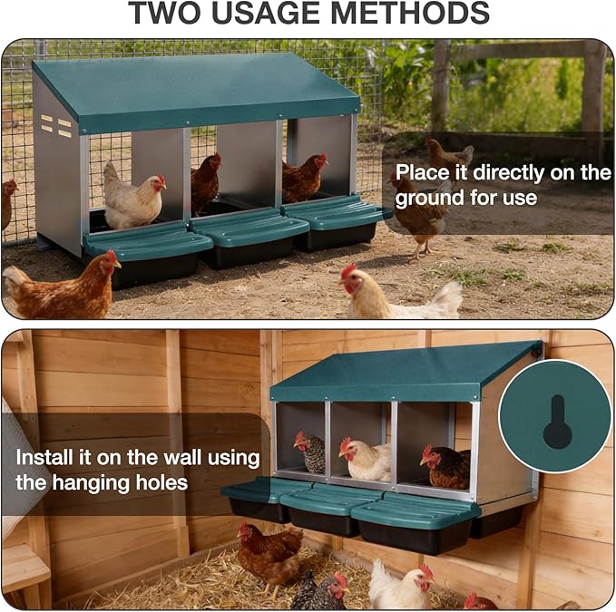 Chicken Nesting Boxes, 3 Compartments Egg Collection with Removable Drawer, Chicken Metal Laying Nest Box for Hens, Easy to Assemble, for Chicken Coop, Green