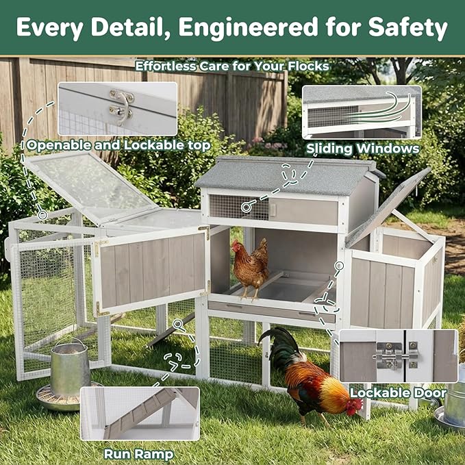 Mobile Chicken Coop with Wheels, Weatherproof Large Hen House Chicken Tractor with Nesting Box, Roosting Bars, Pull-Out Tray, Asphalt Roof & Fun Swing for Chickens Quails, Backyard Use