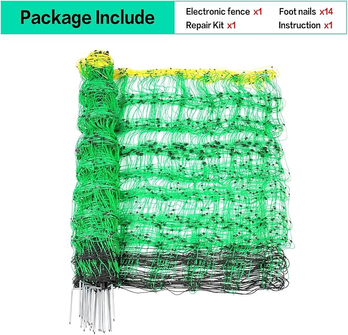 Electric Poultry Netting, 49.6" H x 164' L, Electric Chicken Fence with 14 Posts Double Spiked, Utility Portable Mesh for Chickens Sheep Hogs Goats Deer Dogs Lambs Used in Backyards Farms Ranches
