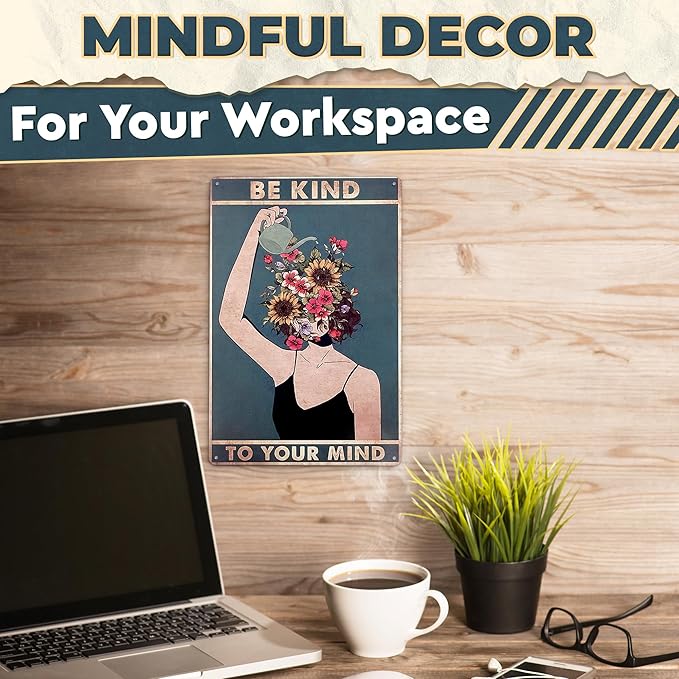 Be Kind to Your Mind Wall Art - Metal Signs Vintage Room Decor 12x8 In - Tin Inspirational Wall Decor Boho Art, Retro Style for Home, Office, Bedroom, Living Room & Cafes | Vintage Gifts for Women