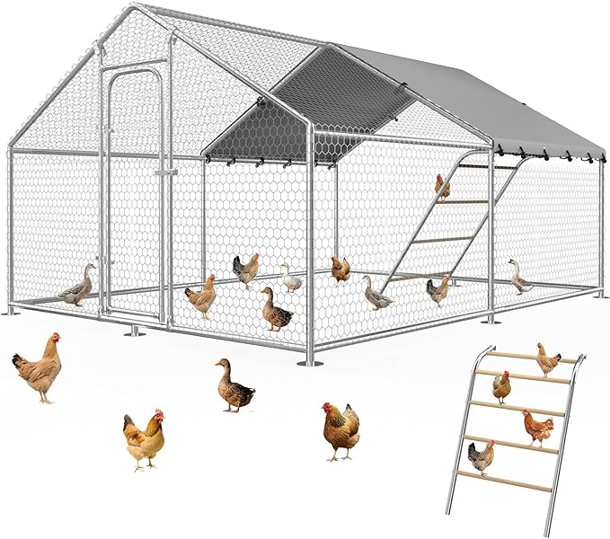 Large Chicken Coop with Waterproof and UV-Resistant Cover,Metal Chicken Run Outdoor Walk-in Cage Rabbit Duck Hen House for Yard Use Spire Roof (118.9×118.9×77.6 in)