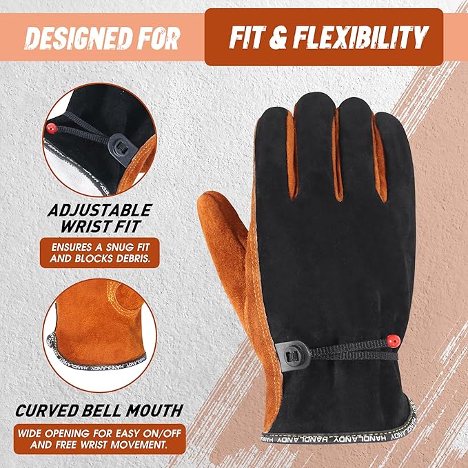 HLDD HANDLANDY 2 Pairs Leather Work Gloves for Men & Women, Reinforced Durable Palm for Welding, Farm, Gardening, Driving