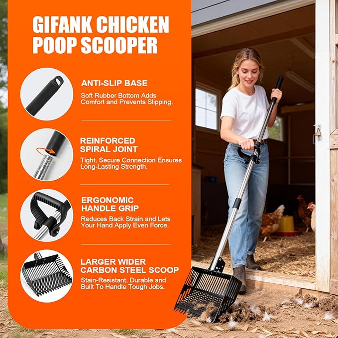 Chicken Poop Scooper,15-INCH Adjustable Angle Chicken Coop Scoop,3-in-1 Sand Rake with Stainless Steel Handle(36"-65"),Chicken Coop Accessories Cleaning Tool for Farm Animals