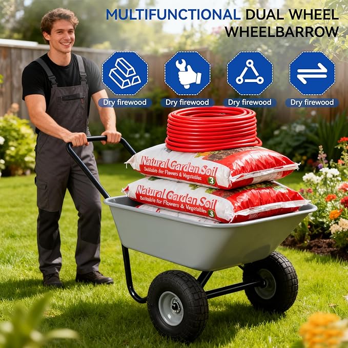 Dual Wheel Garden Wheelbarrow,Heavy Duty Yard Cart with 10“/15" Pneumatic Tires, Rustproof Poly Tray & Steel Handle, 300 lbs Capacity Utility Cart for Lawn, Farm, and Landscaping (Gray-10“)
