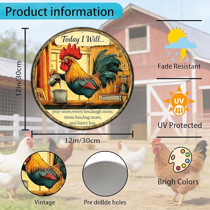 Chicken Signs Rooster Kitchen Round Wall Decor Today I Will Pray More Worry Less Metal Tin Sign Funny Chicken Coop Accessories Rooster Decor Home Garden Farm Yard Office 12 Inch