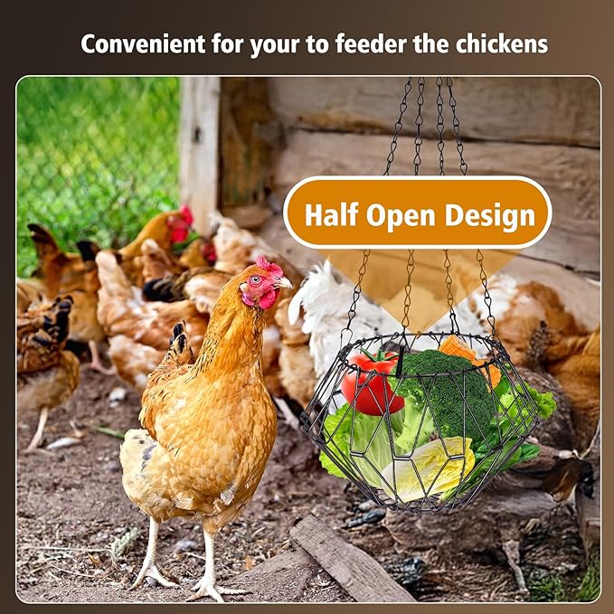 Hanging Chicken Treat Feeder, Fordable Chicken Vegetable Hanging Feeder for coop, Sturdy Chicken Treat Dispenser with 17 Inch Hanging Chain Chicken Accessories (M, 1PCS)