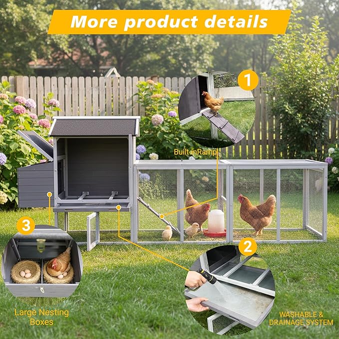 Chicken Coop with Run,Large Outdoor Chicken House with Nesting Box for 2-6 Chickens,Outdoor Wooden Hen House Poultry Pet Hutch Run Cage (Gray+White)