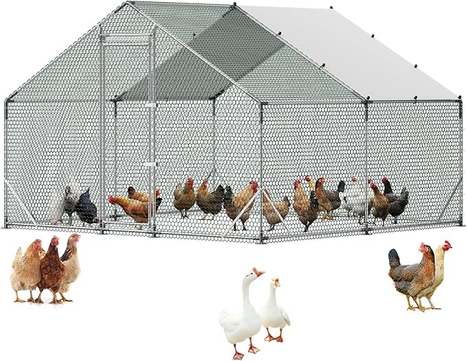 VEVOR Large Metal Chicken Coop,9.8 x 9.8 x 6.6 ft, Walk-in Chicken Run House with Waterproof Cover & Sturdy Frame, Spire Roof Poultry Cage Duck Pen for Rabbit Hen Goose Outdoor Backyard Farm Use