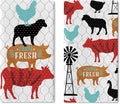 Farm Fresh Animals Kitchen Dish Towels Set of 2, Vintage Farmhouse Cow Pig Sheep Chicken Duck Barn Drying Hand Towel Baking Cooking Cloth, Rustic Country Windmill Bathroom Home Decor 18'' x 26''