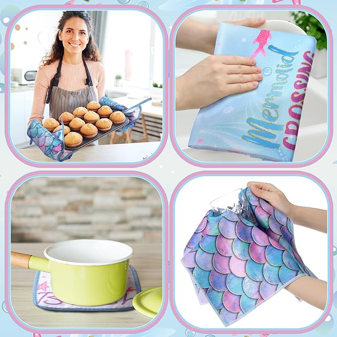 10 Pcs Mermaid Kitchen Dish Towels Rugs Oven Mitts and Pot Holders Set Farmhouse Kitchen Decor Set for Women Mom Daughter Gift Cooking Baking Grilling