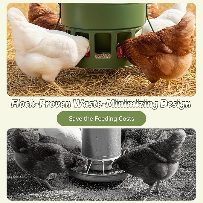 KOL Metal Chicken Feeder - 20lbs No Waste Chicken Feeder with 12 Ports, Powder Coated Rust-Proof Design & Smooth Edges for Safe Feeding (Avocado Green)