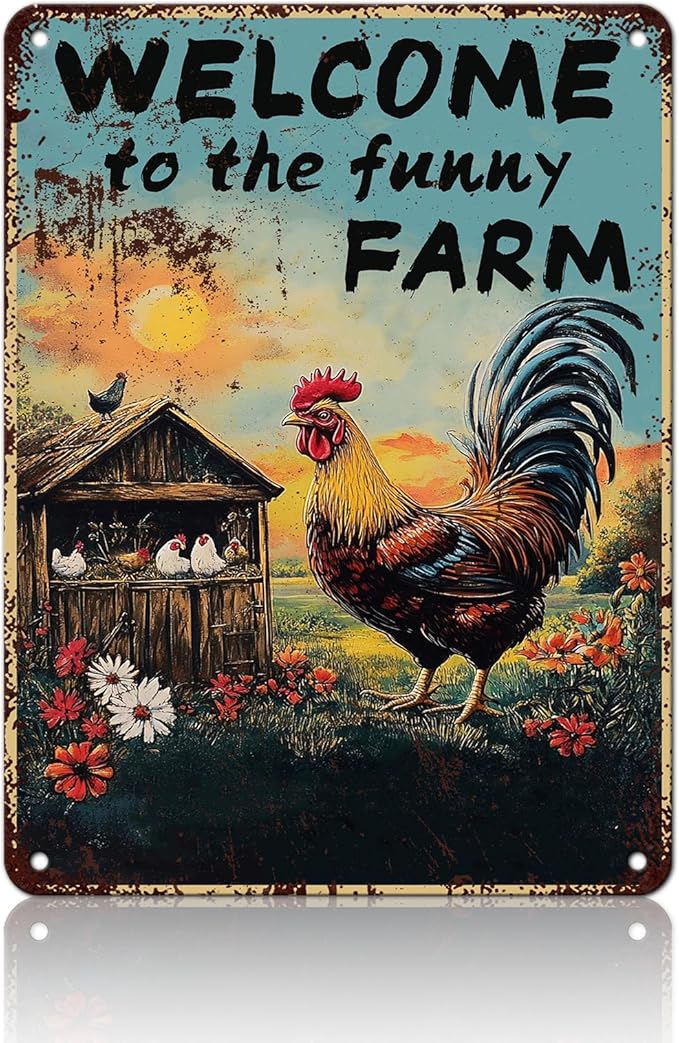 Chicken Decor Vintage Chicken Coop Signs Welcome To My Funny Farm Sign Retro Rooster Decor for Home Garden Outdoor Yard Farmhouse 12x16 Inch