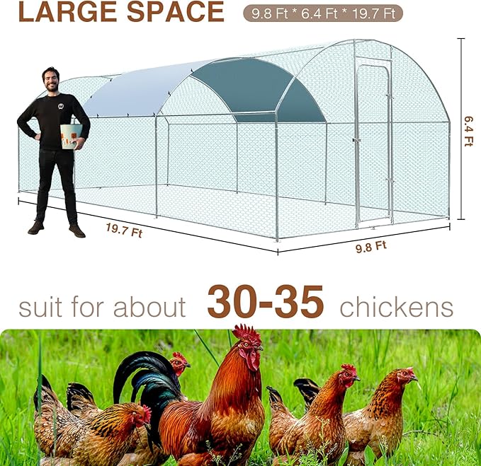 Large Metal Chicken Coop for 30-35 Chickens, Portable, Walk-in Chicken Run, Chicken Pen Outdoor W/Cover, Waterproof & Anti-UV, 19.7' D x 9.8' W x 6.4' H, Wire Mesh Poultry Cage for Yard