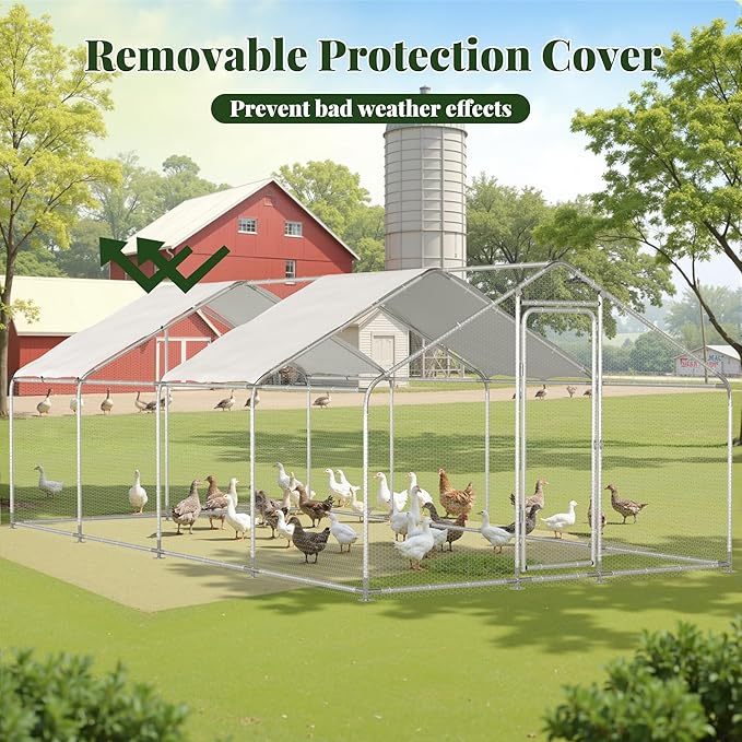GOJOOASIS Large Chicken Coop Run Walk-in Metal Poultry Cage Outdoor Backyard Hen House with Roof Cover (10'L x 20'W x 6.6'H)