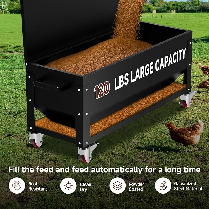 Portable Metal Chicken Feeder with Waterproof Lid, Freestanding Chicken Feeding Box with 120 lbs Large Capacity for Chickens, No Waste Gravity Poultry Feeder