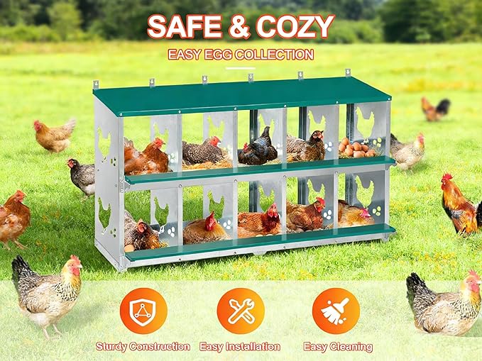Chicken Nesting Box 10 Compartment with 10 Pet Moisture Pads and 4 Fake Eggs Roll Away Egg Collection, Perch, Lid Cover for Egg Protection - Wall Mount/Free Standing Nest Box for Chickens, Hens, Ducks