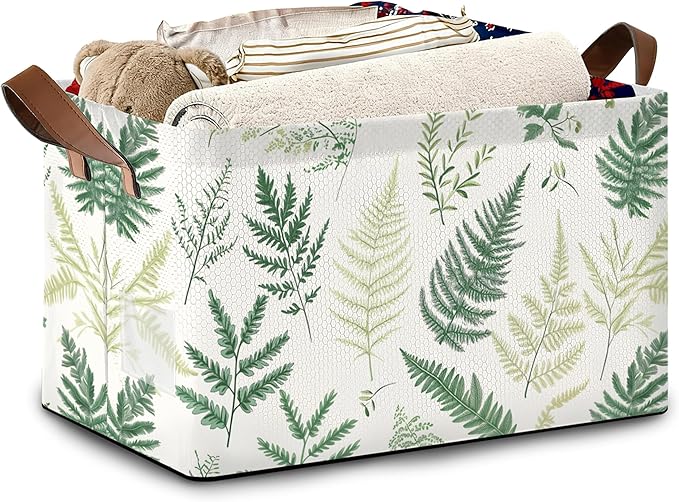 Fern Herbs Storage Baskets,Botanical Leaf Foldable Organizer Bin with Handles for Home Living Room Bedroom Closet Box 17x11.5x10Inch