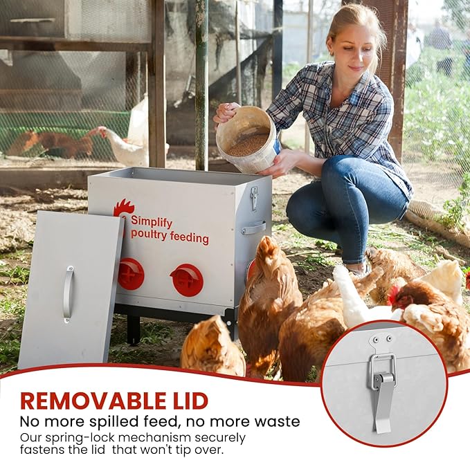 40 lb Large Automatic Chicken Feeder with 6 No-Waste Ports – Outdoor Metal Chicken Feeders with Adjustable Stand, Rodent-Resistant Design & Riveted Handles for Chickens, Ducks & Poultry