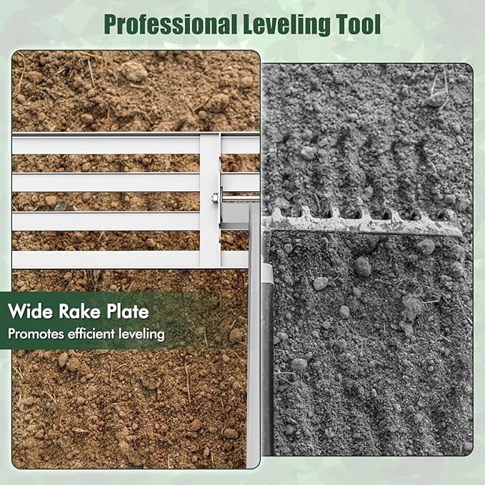 Happygrill Lawn Leveling Rake, Heavy Duty Lawn Level Tool for Soil w/67” Handle, Dirt Ground Leveler, Effort-Saving Landscape Rake for Garden, Backyard, Golf Course, Farm, Pasture (42" x 10", Silver)