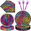 96Pcs Cheetah Print Birthday Party Decorations, Neon Rainbow Leopard Themed Party Supplies Tableware Set Include Paper Plates, Napkins, Forks, Serves 24 Guests