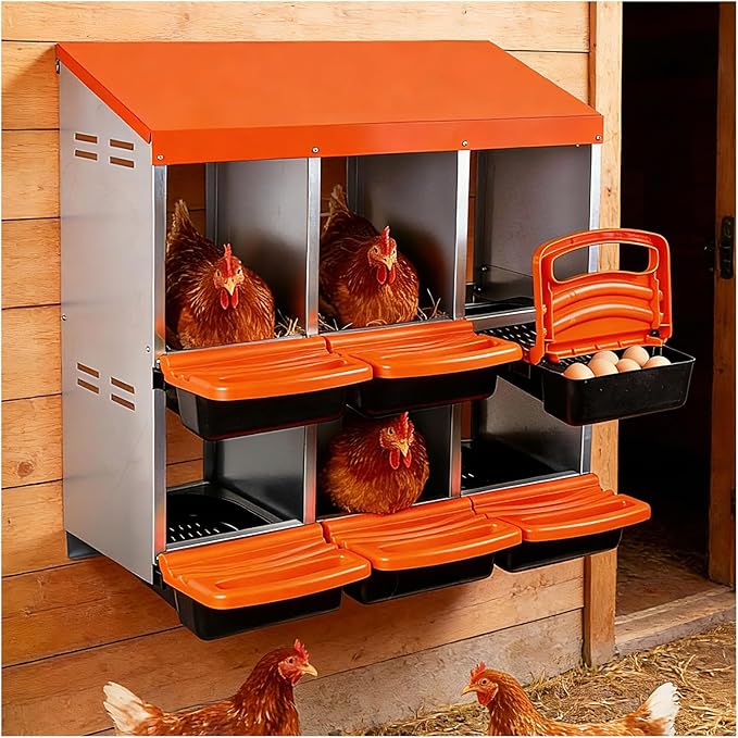 Chicken Nesting Boxes with 6 Cozy and Roll-Away Design - Chicken coop Nesting Boxes,Private Laying Spot & Enables Effortless Egg Collection (Orange)