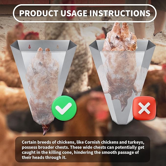 Medium-Sized Galvanized Steel Chicken Restraining Cone for Poultry, Suitable for Large Layers, Broilers, Roasters, and Turkeys Up to 8 Pounds - Flat-Back Killing Cone, Easy to Clean