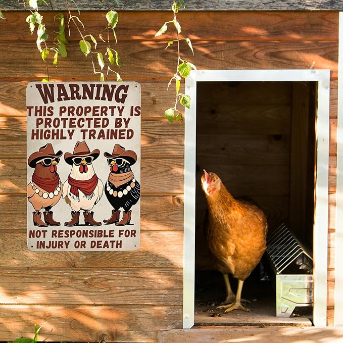 Funny Chicken Coop Sign "Warning" Metal Chicken Signs for Coop Funny Outdoor Farmhouse Kitchen Garden Decor 8 X 12 Inch Chicken Gifts