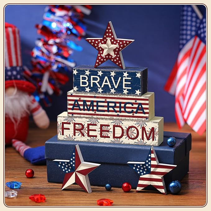 Geelin 4 Pieces 4 of July Table Decorations Patriotic Memorial Day Wooden Block Signs Red White Blue Tabletop Centerpieces Farmhouse Independence Day Tiered Tray Decor for Home 250th Anniversary